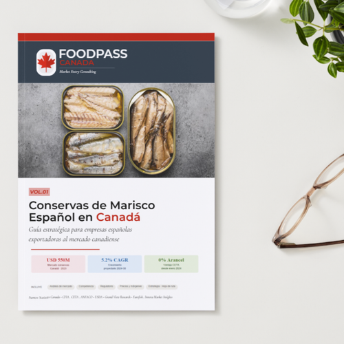 Portada del estudio de mercado FOODPASS CANADA sobre conservas de marisco español en Canadá, edición 2025 — guía de exportación con análisis CETA, CFIA y canales de distribución